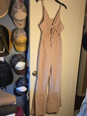 Amazon Beige Sleeveless Ruffle-Hem Jumpsuit